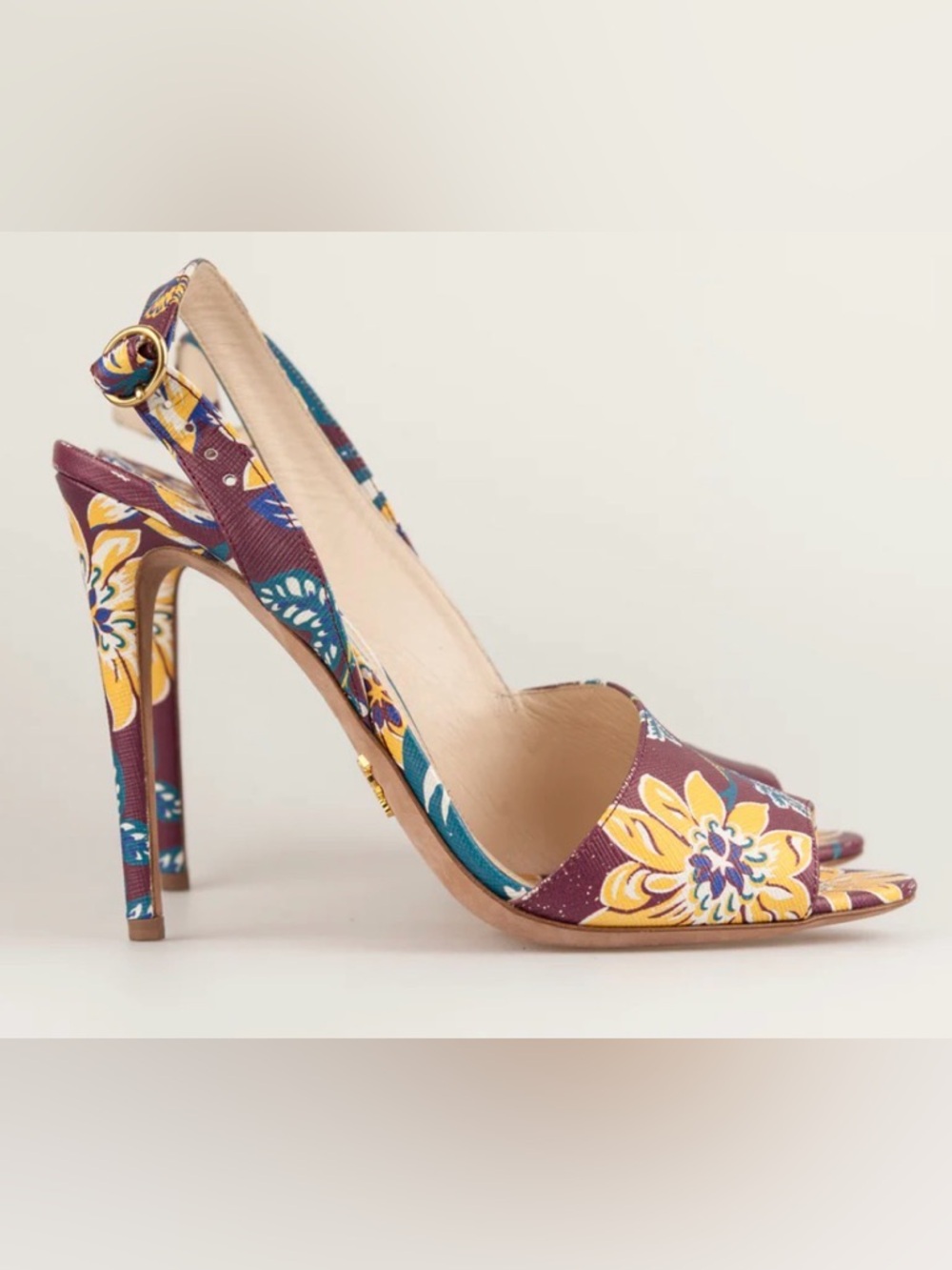 Prada Burgundy Floral Open-Toe Slingback Heels - Picture 2 of 9